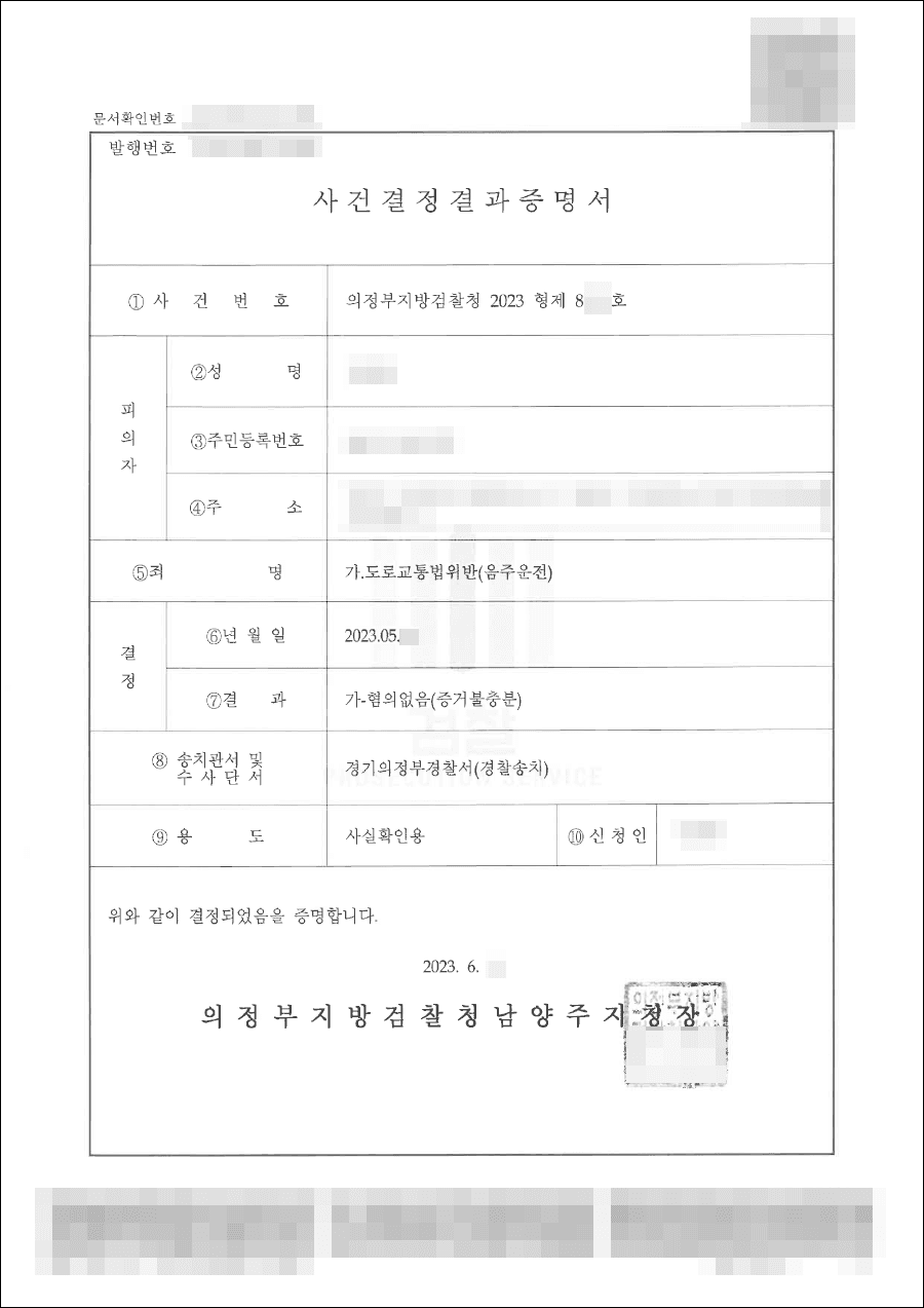 증거불충분(무혐의) | 도로교통법위반(음주운전) – 의정부지방검찰청 20**형제8***