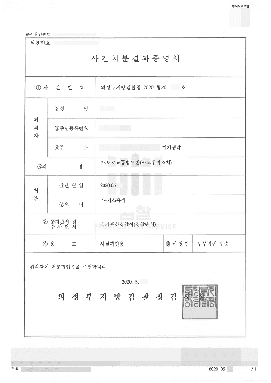기소유예 | 도로교통법위반(사고후미조치) - 의정부지방검찰청 2020 형제 12***호
