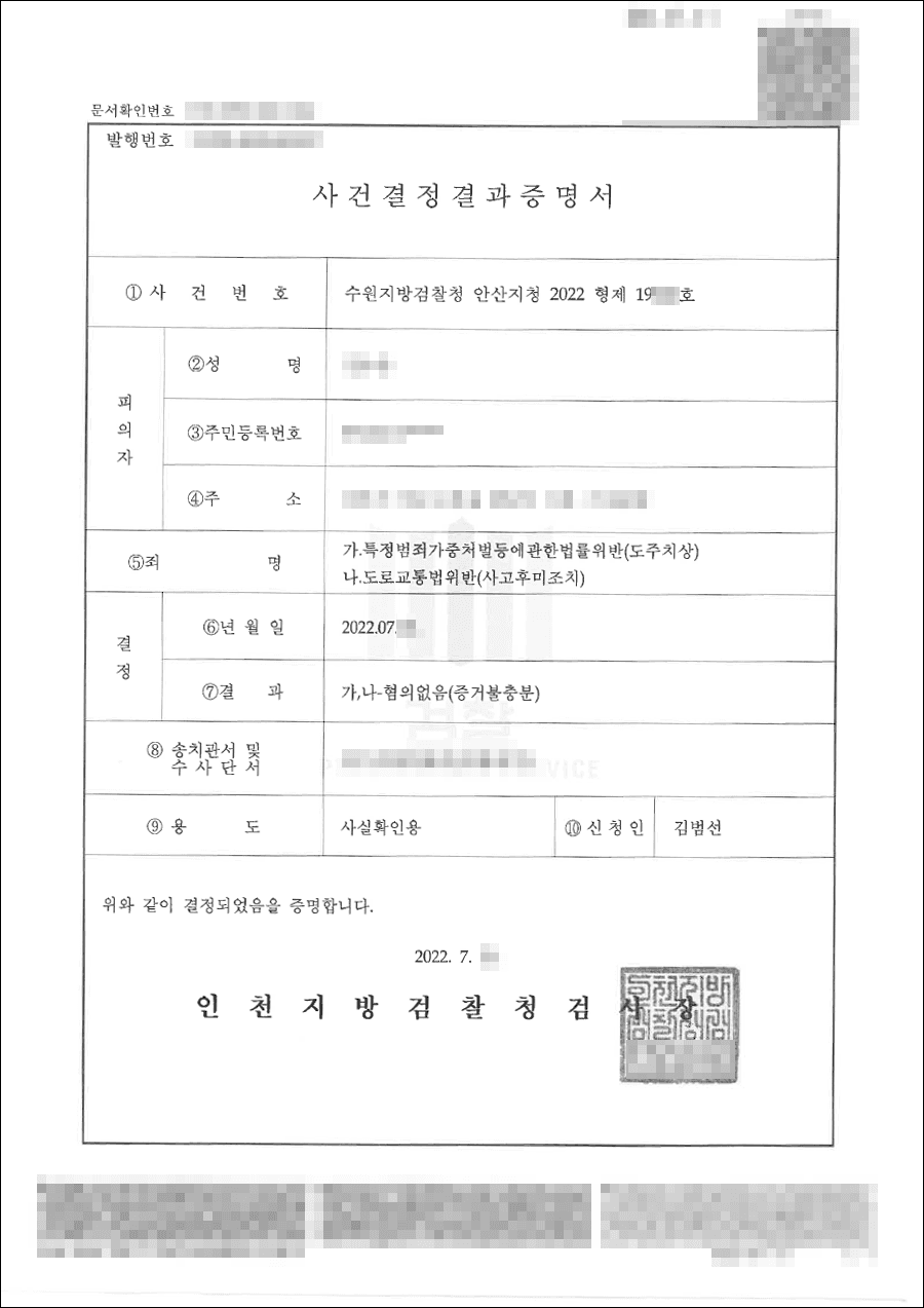 증거불충분(무혐의) | 특정범죄가중처벌등에관한법률위반(도주치상), 도로교통법위반(사고후미조치) - 수원지방검찰청 안산지청 20**형제****호