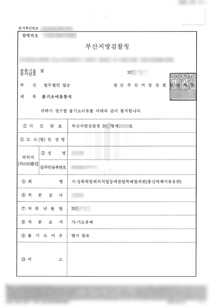 기소유예 | 성폭력범죄의처벌등에관한특례법위반(통신매체이용음란) - 부산지방검찰청 20**형제36***호