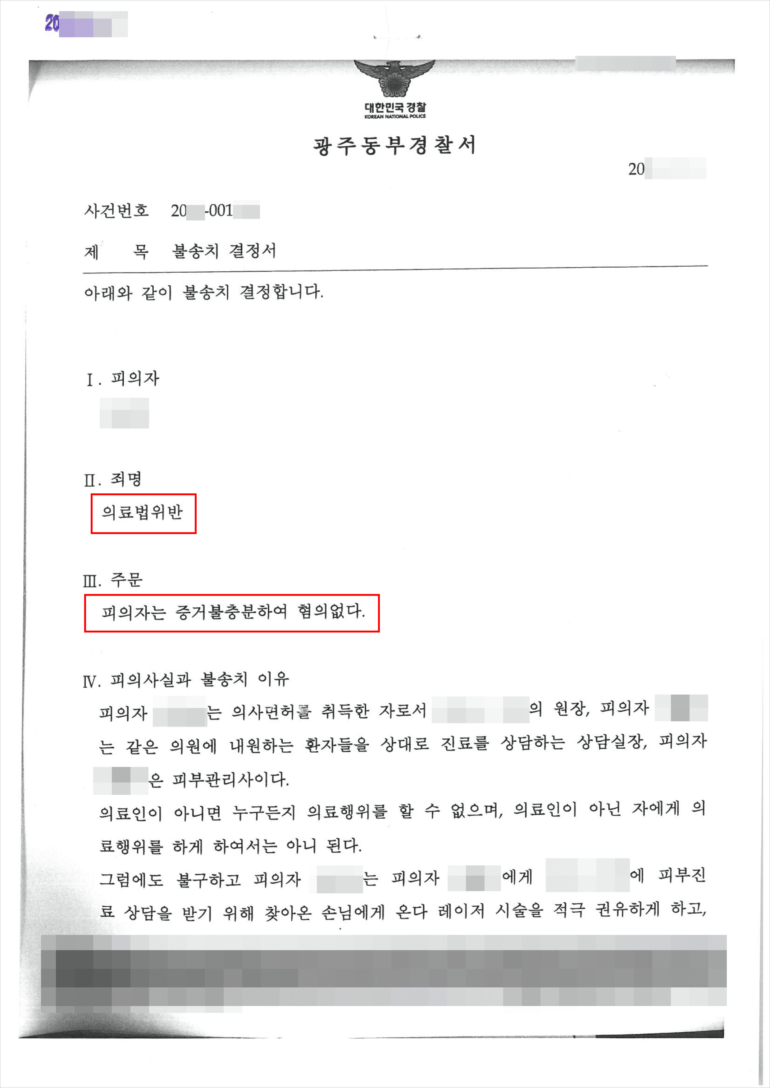  불송치결정 | 의료법 위반 - 광주동부경찰서 20**-001***