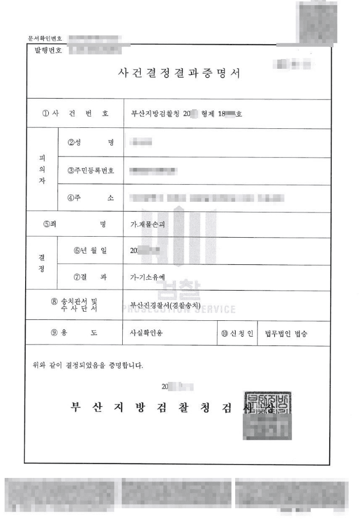기소유예 | 재물손괴 - 부산지방검찰청 20**형제18***호