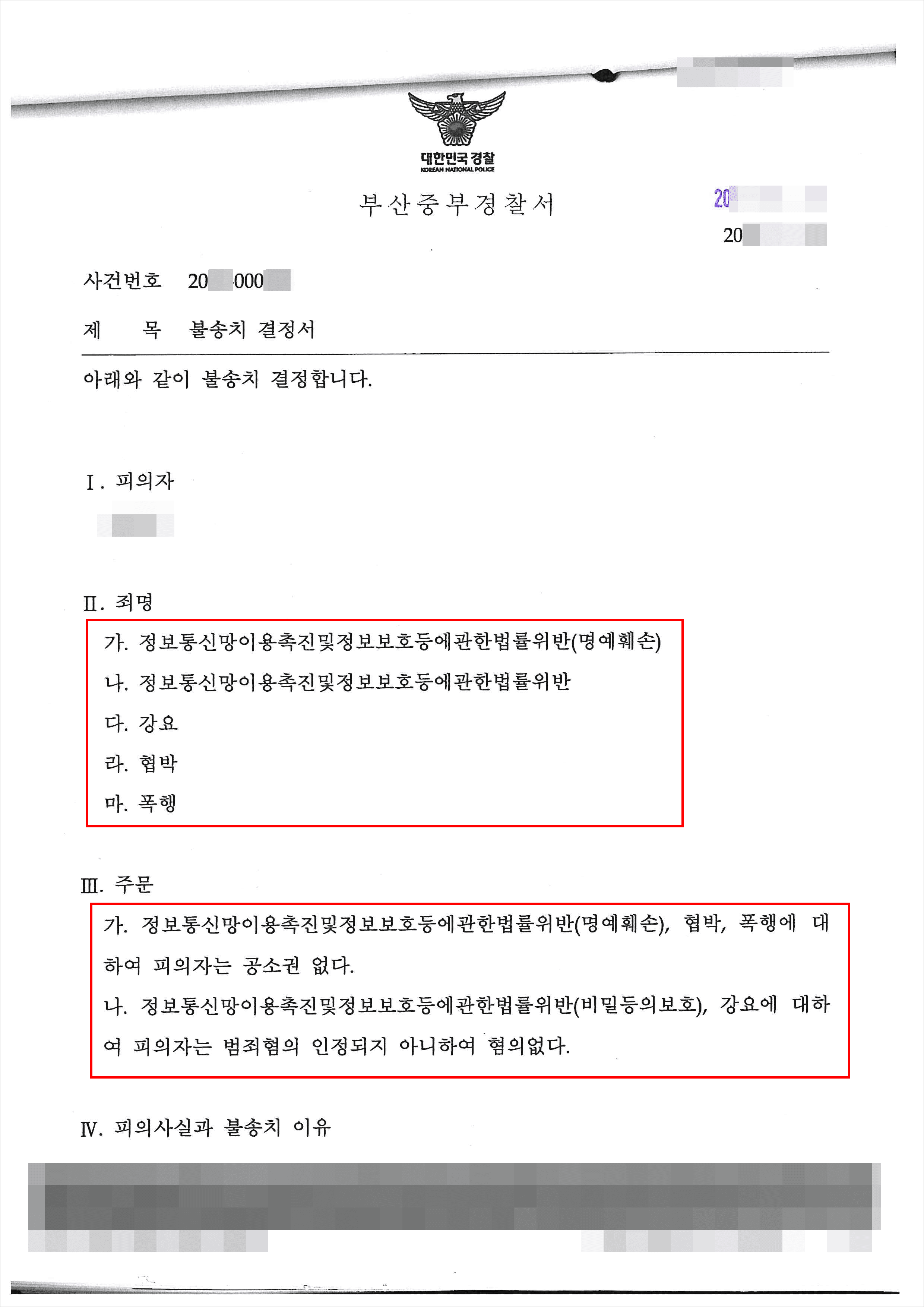 불송치결정 | 정보통신망이용촉진및정보보호등에관한법률위반(명예훼손) 등 - 부산중부경찰서 20**-000***