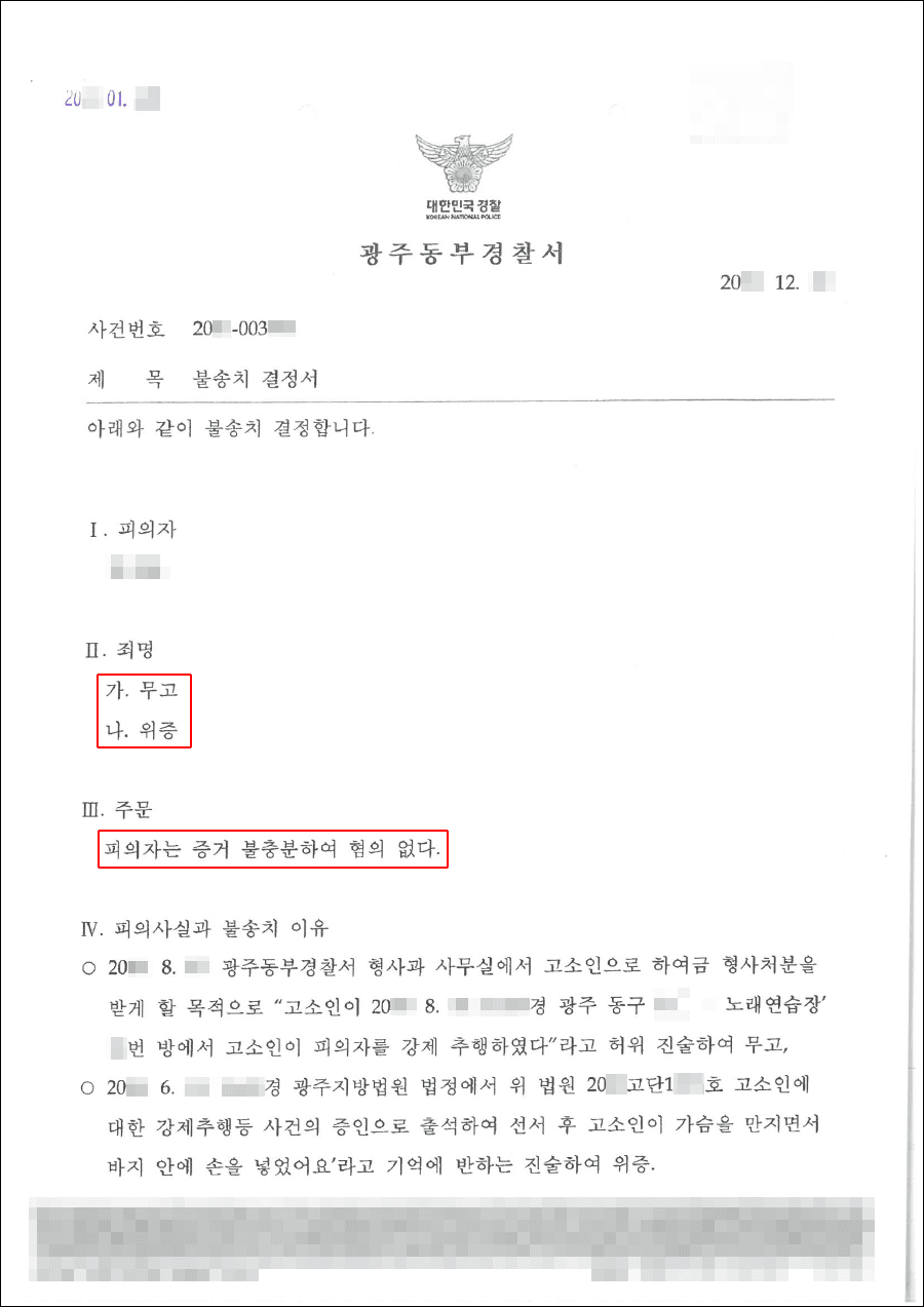 불송치(혐의없음) | 무고, 위증(일부) - 광주동부경찰서 20**-01***