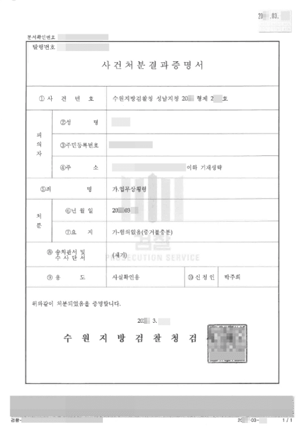 혐의없음 | 업무상횡령 - 수원지방검찰청 성남지청 20**형제2***