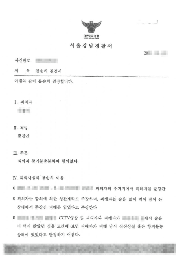 불송치결정(무혐의) | 준강간 - 서울강남경찰서 20**-015***