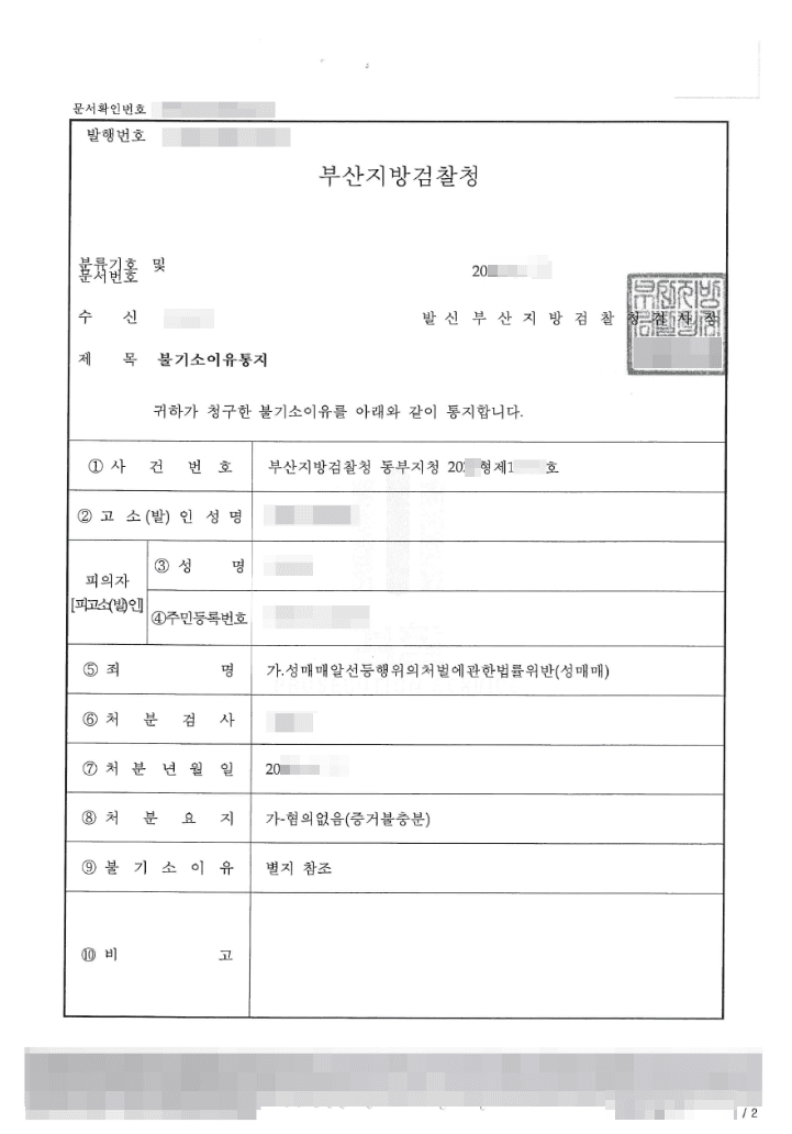 혐의없음 | 성매매알선등행위의처벌에관한법률위반(성매매) - 부산지방검찰청 동부지청 20**형제12***