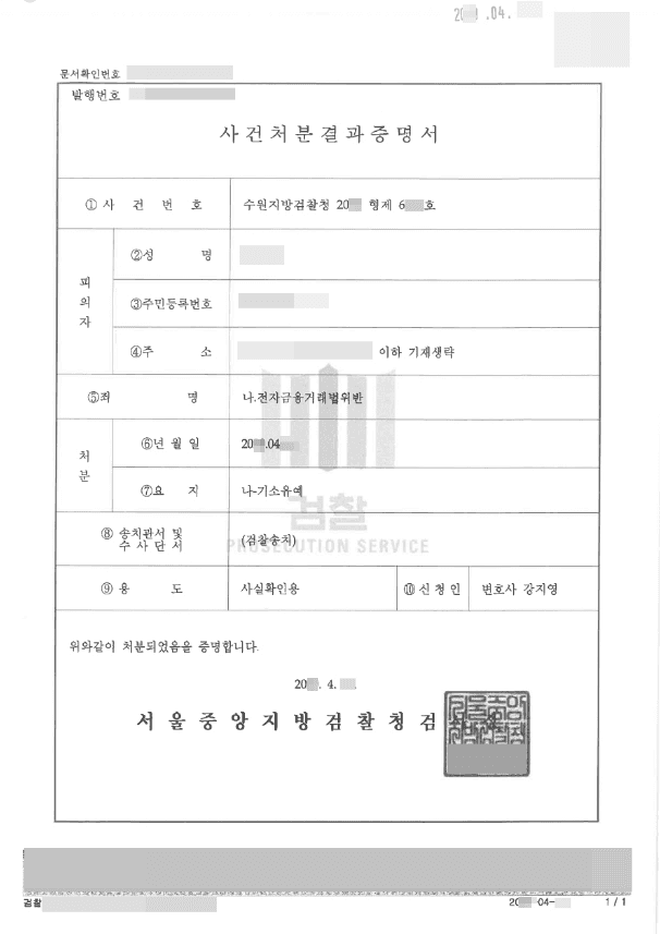 기소유예 | 전자금융거래법위반 - 수원지방검찰청 20**형제6***