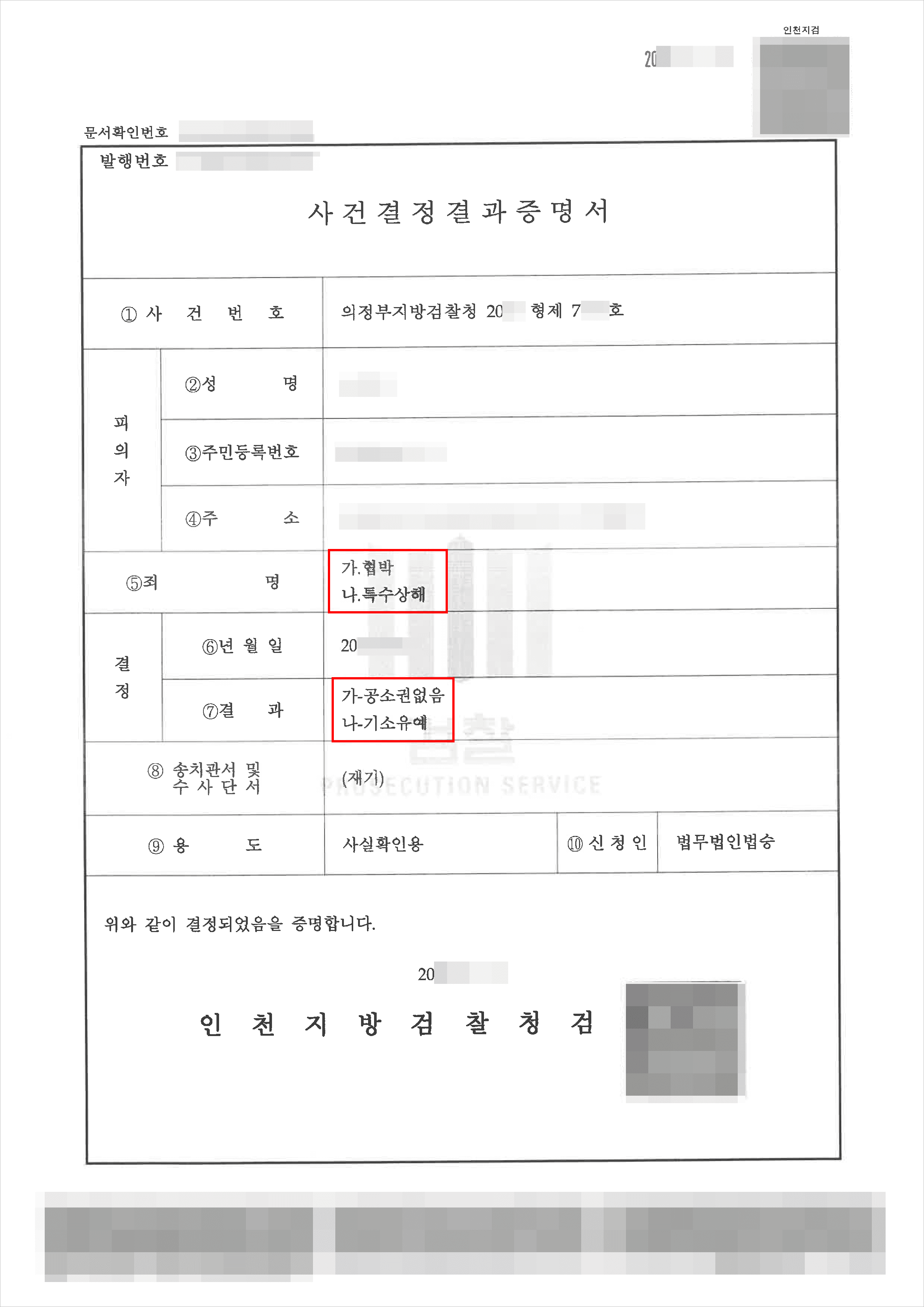 기소유예 | 협박 및 특수상해 - 의정부지방검찰청 20**형제7***