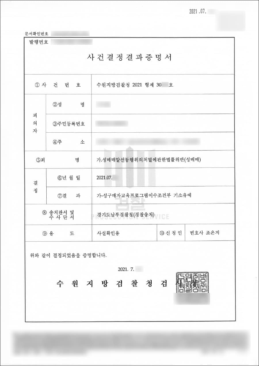 기소유예 | 성매매알선등행위의처벌에관한법률위반(성매매) - 수원지방검찰청 20**형제30***