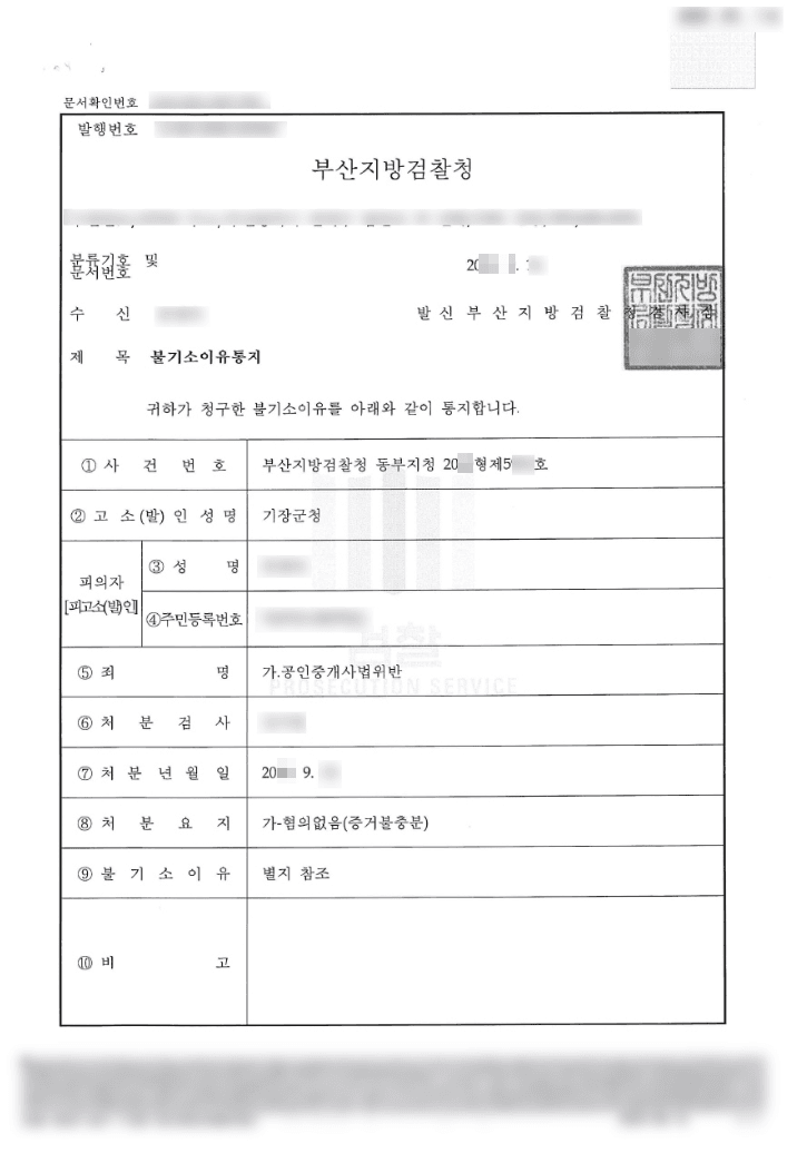 혐의없음(증거불충분) | 공인중개사법 위반 - 부산지방검찰청 동부지청 20**형제5***호