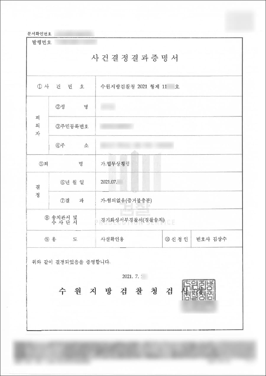 혐의없음 | 업무상 횡령 - 수원지방검찰청 2021형제11***호