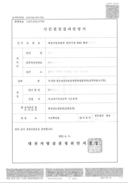 기소유예 | 아청법위반(성착취물소지) - 대전지방검찰청 천안지청 2022형제7***호