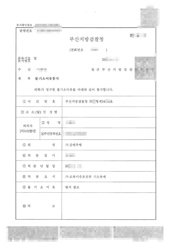 교육이수조건부 기소유예 | 강제추행 - 부산지방검찰청 20**형제14***호