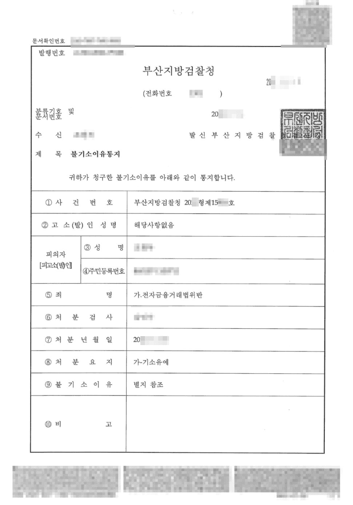기소유예 | 전자금융거래법위반 - 부산지방검찰청 20**형제15***호
