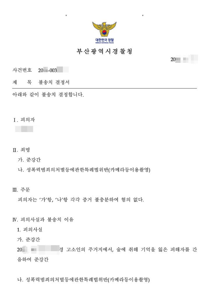 불송치결정(무혐의) | 준강간, 성폭력범죄의처벌등에관한특례법위반(카메라등이용촬영) - 부산지방경찰청 20**-003***