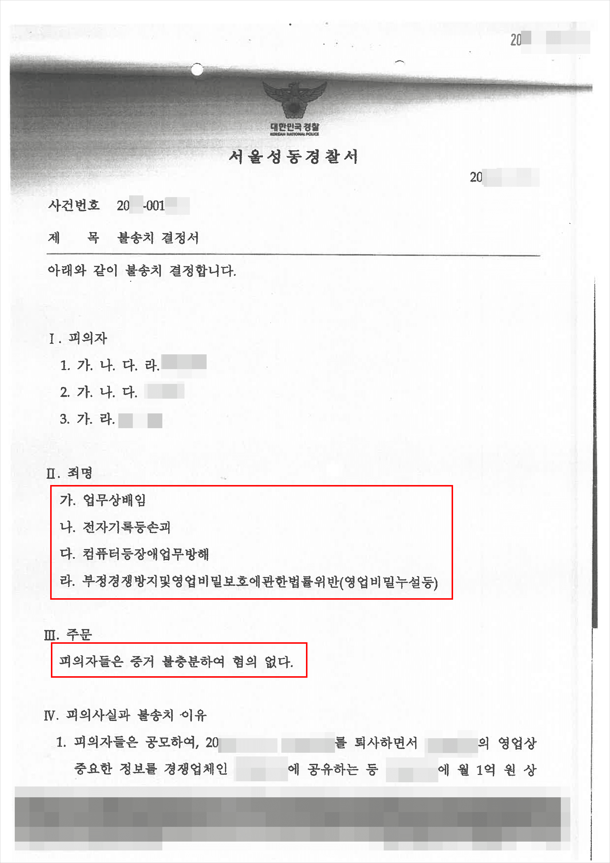 무혐의 | 업무상배임 등 - 서울성동경찰서 20**-001***
