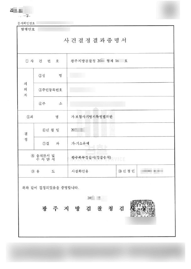 기소유예 | 보험사기방지특별법위반 - 광주지방검찰청 20**형제16***