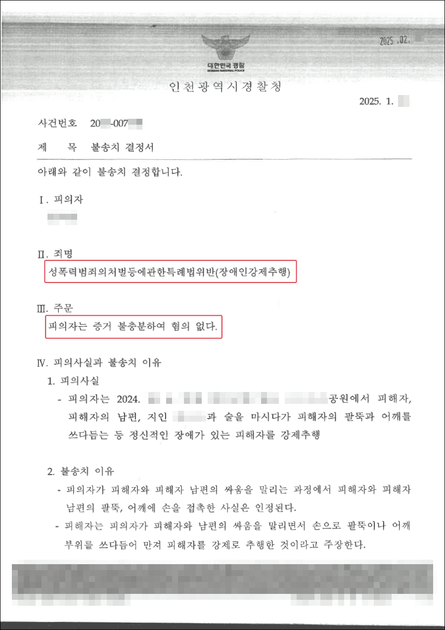 불송치 | 싸움을 말렸다가 강제추행으로 고소된 사안