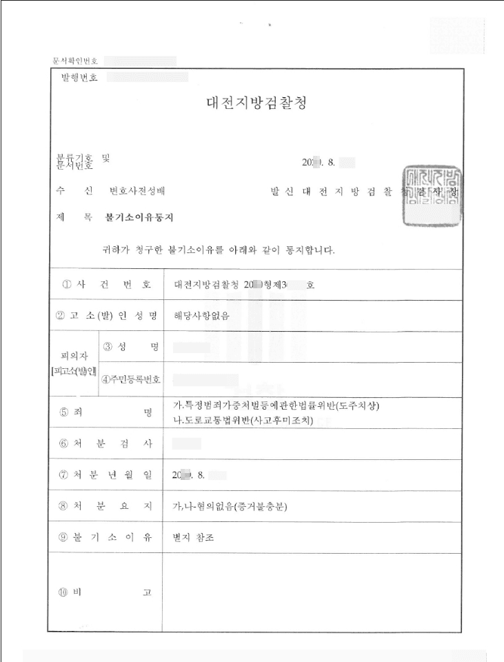 혐의없음 | 특정범죄가중처벌등에관한법률위반(도주치상), 도로교통법위반(사고후미조치) - 대전지방검찰청 20**형제30***호