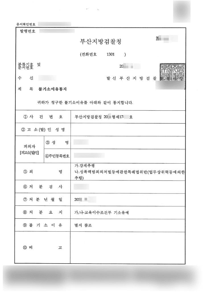 교육이수조건부 기소유예 | 강제추행, 성폭력범죄의처벌등에관한특례법위반(업무상위력등에의한추행) - 부산지방검찰청 20**형제17***, 20**형제17***