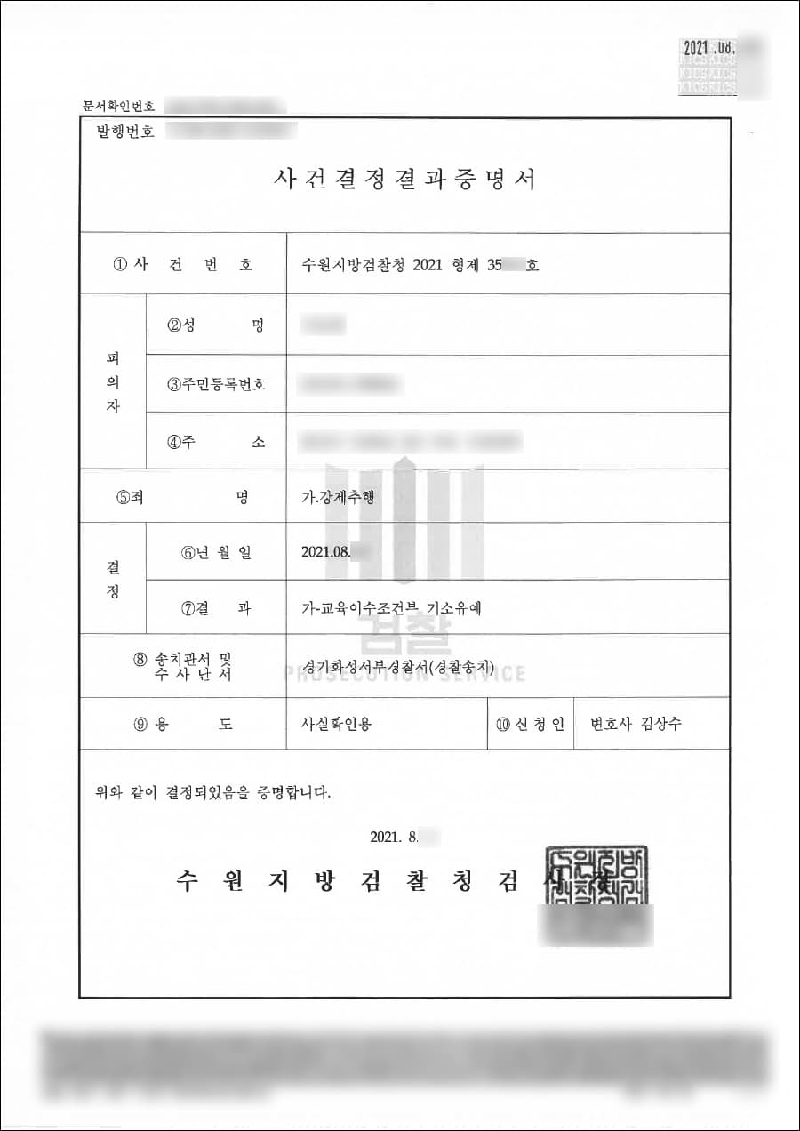 기소유예 | 강제추행 - 수원지방검찰청 20**형제35***
