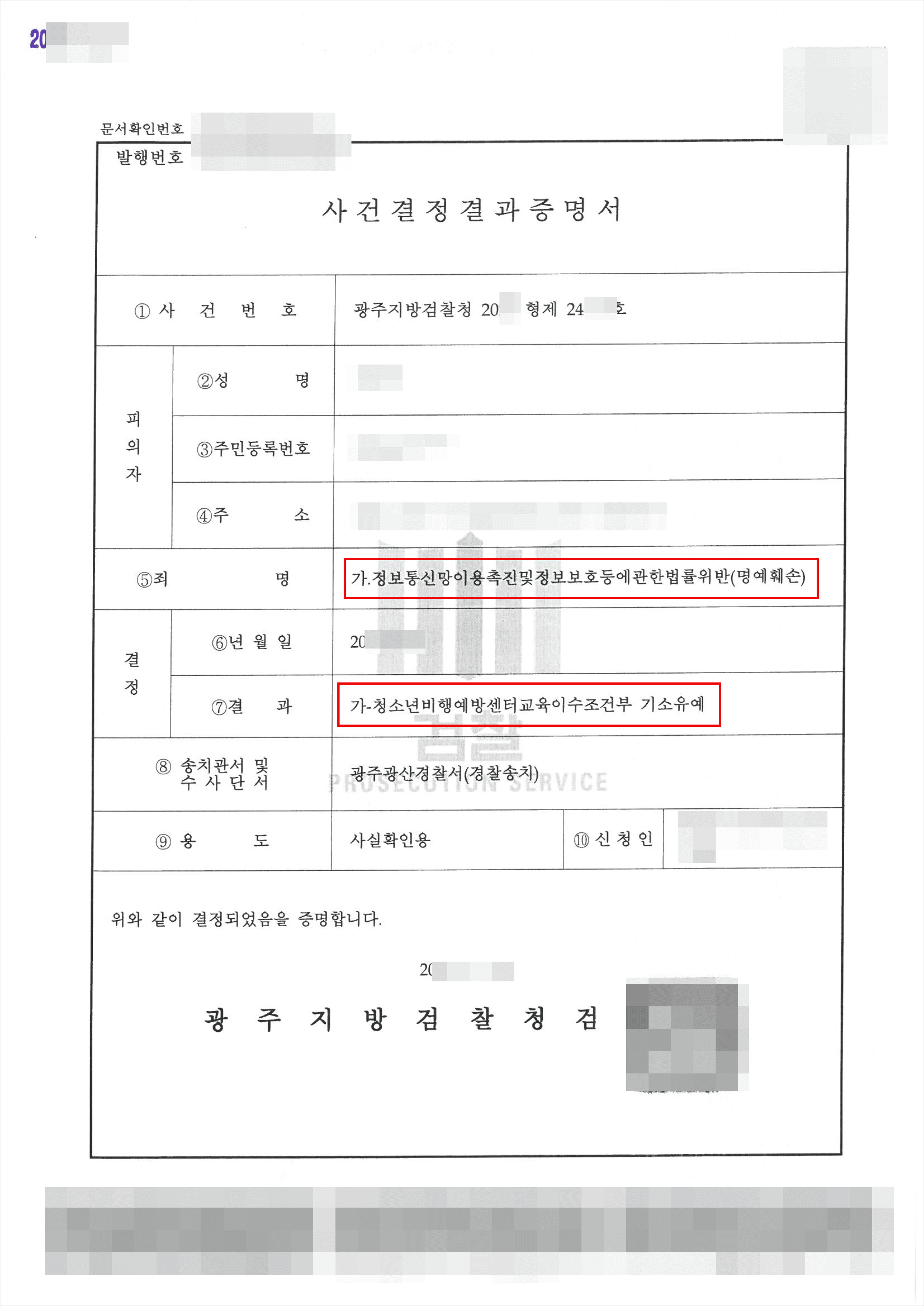 기소유예 | 정보통신망법위반 – 광주지방검찰청 20**형제24***