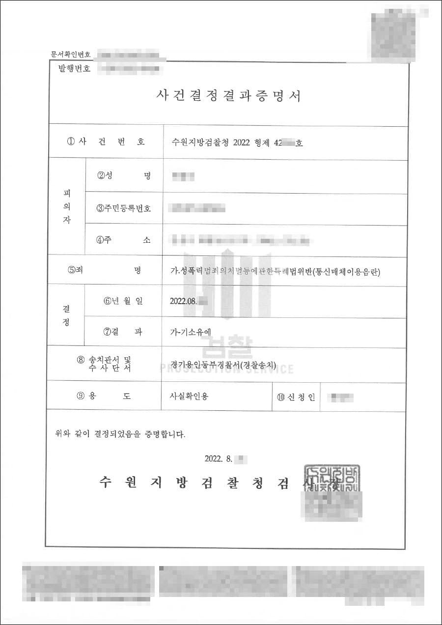 기소유예 | 통신매체이용음란 - 수원지방검찰청 20**형제42***