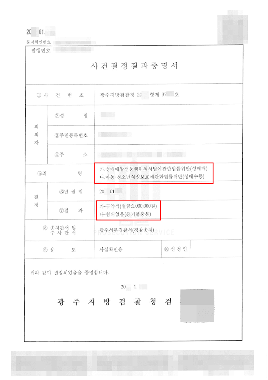 불기소처분(무혐의) | 아청법 위반(성매수등) - 광주지방검찰청 20**형제37***