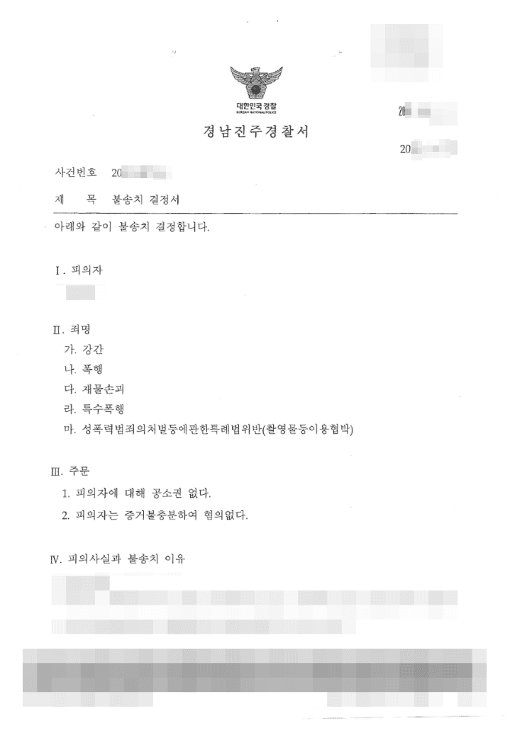 불송치결정(무혐의) | 강간 등 - 경남진주경찰서 20**-007***