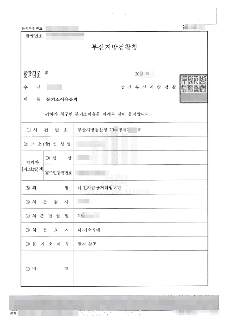 기소유예 | 전자금융거래법위반 - 부산지방검찰청 20**형제21***호