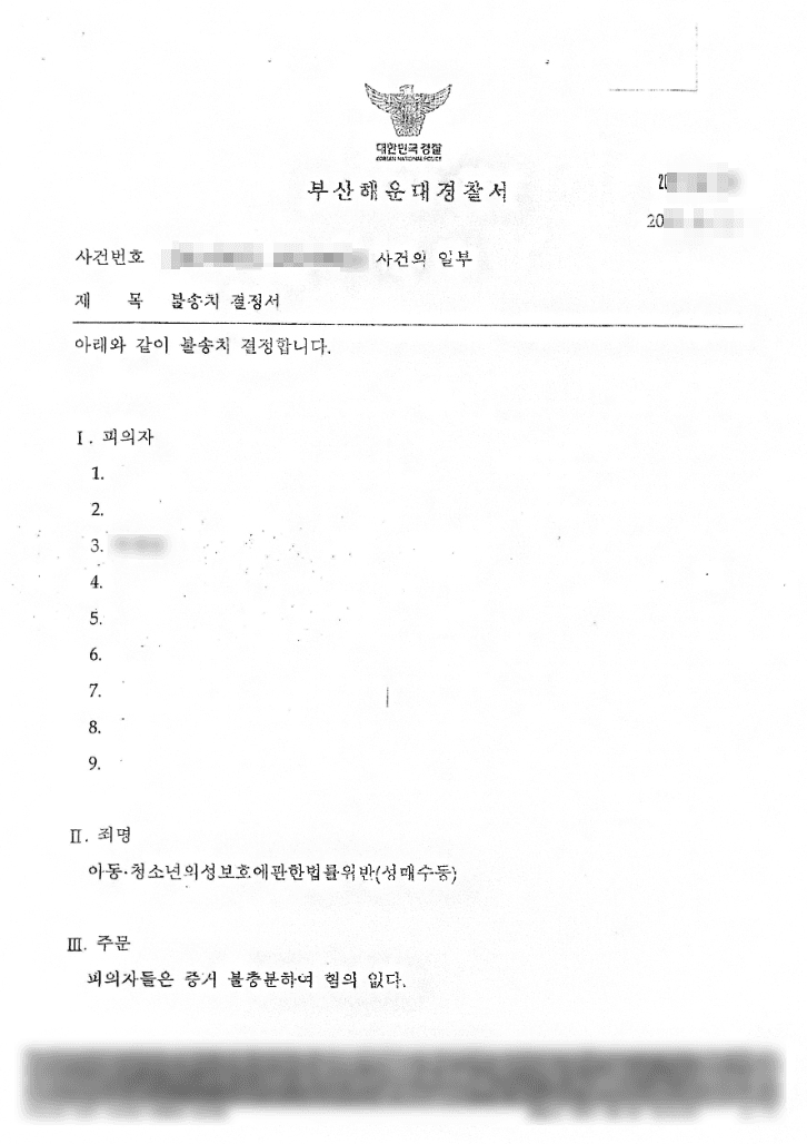 불송치 결정 | 아청법 위반(성매수 등) - 부산해운대경찰서 20**-008***