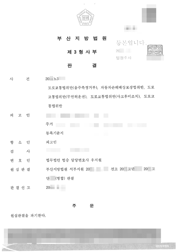집행유예 | 도로교통법위반(음주측정거부) 등 - 부산지방법원 20**노3***