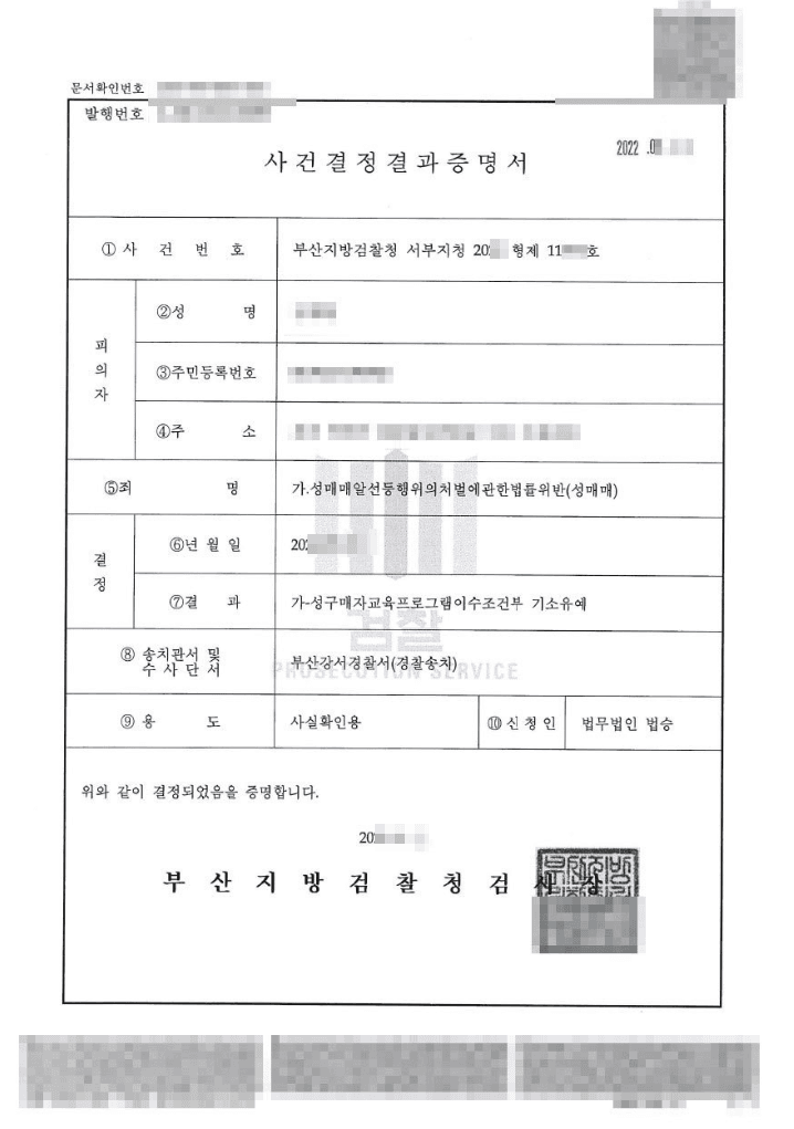 성구매자교육프로그램이수조건부 기소유예 | 성매매알선등행위의처벌에관한법률위반(성매매) - 부산지검 서부지청 20**형제11***호