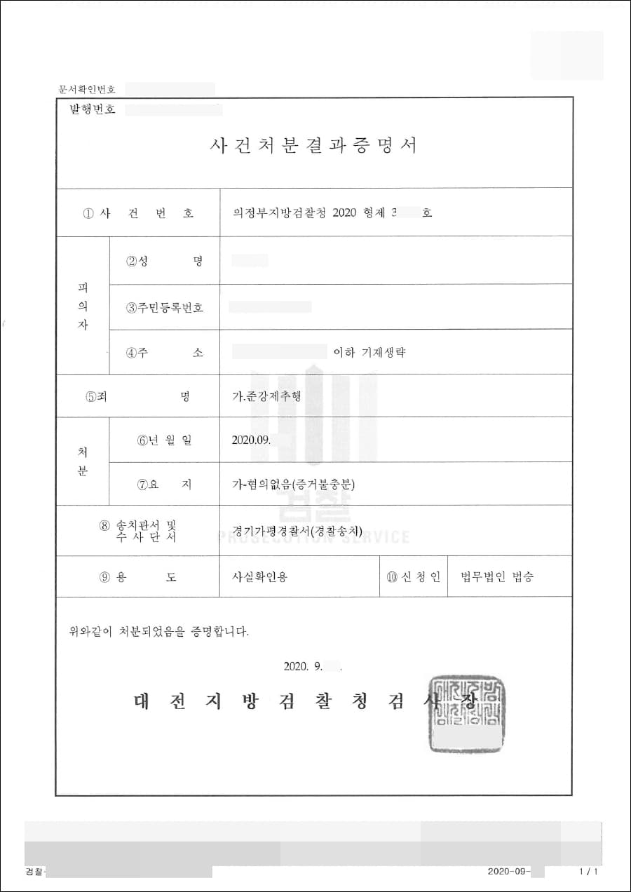 기소유예 | 준강제추행 - 청주지방검찰청 2020형제21***호