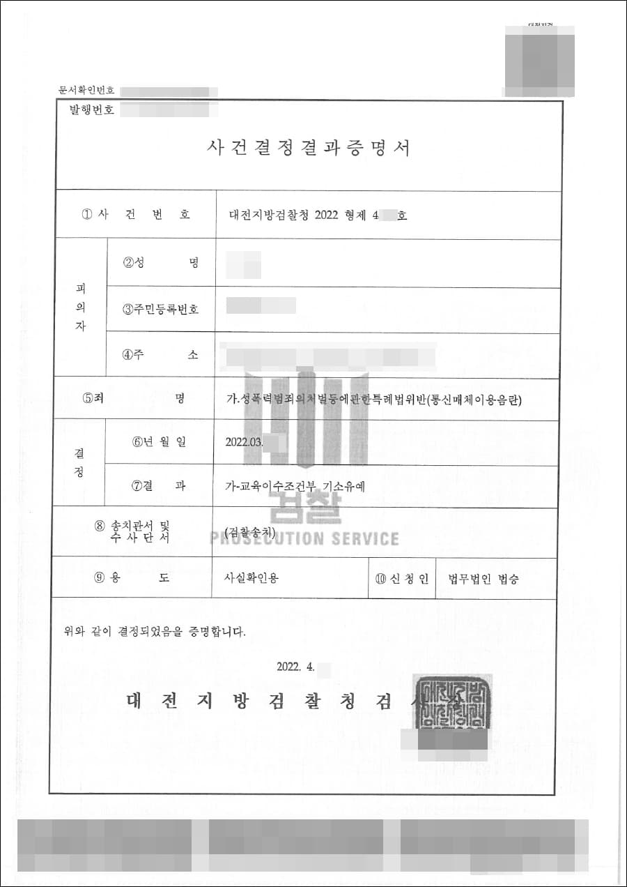 기소유예 | 통신매체이용음란 - 대전지방검찰청 2022형제4***호
